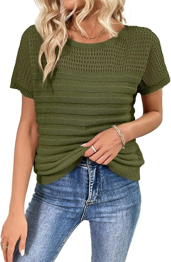 Women's Eyelet Hollow-Out Knit Short Sleeve Top 100% Cotton