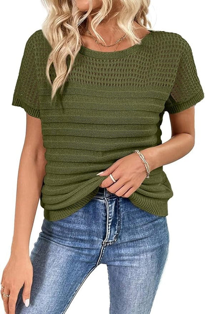 Women's Eyelet Hollow-Out Knit Short Sleeve Top 100% Cotton