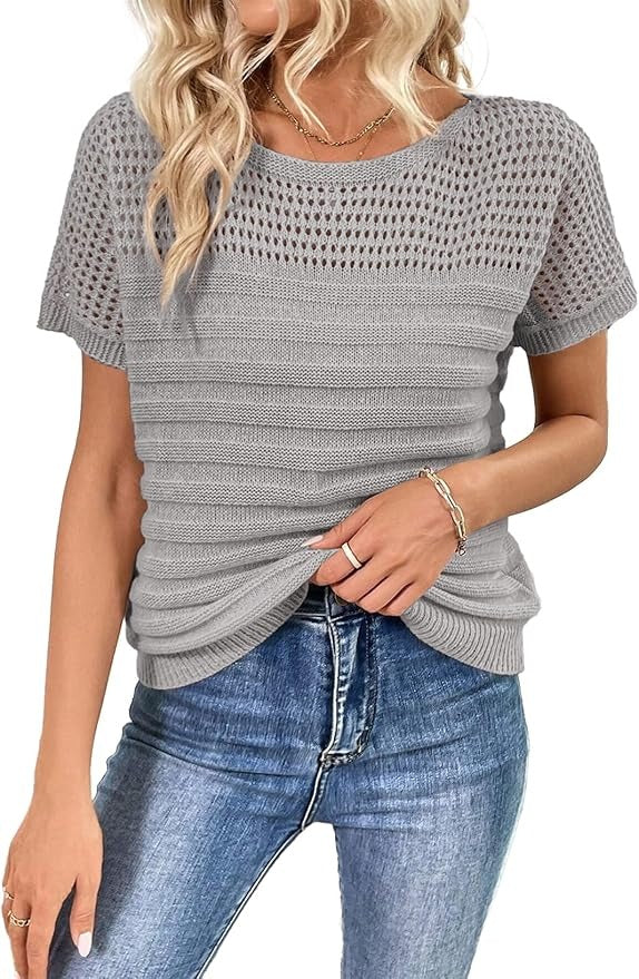 Women's Eyelet Hollow-Out Knit Short Sleeve Top 100% Cotton