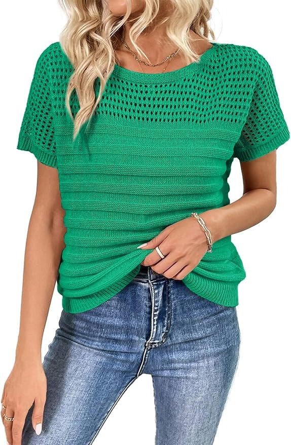 Women's Eyelet Hollow-Out Knit Short Sleeve Top 100% Cotton