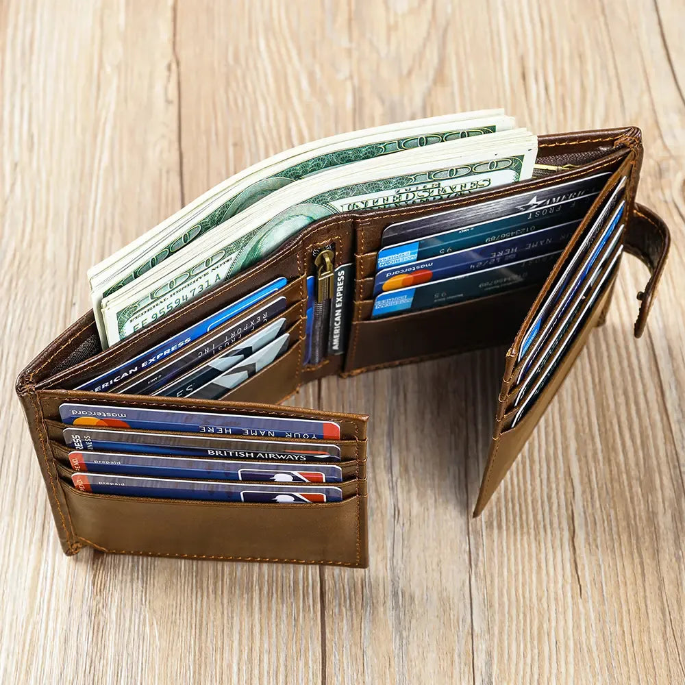 Vintage Top-Grain Leather Bi-Fold Wallet – Classic Design, Ample Storage