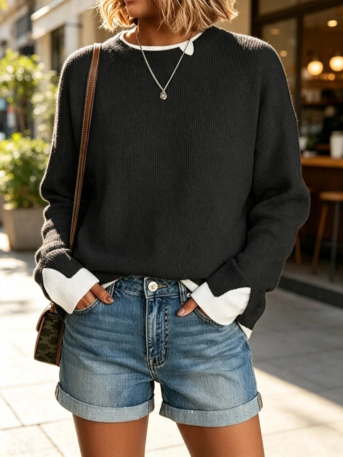 Customer wearing a dark oversized sweatshirt