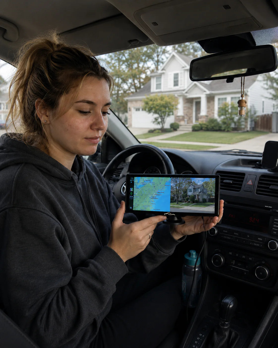 Customer holding the in-car display