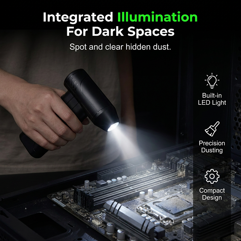 Built-in LED light illuminating dust inside a computer case