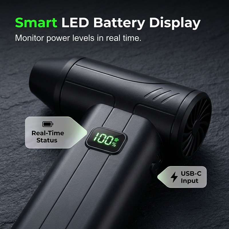 Smart LED battery display and USB-C input on air duster