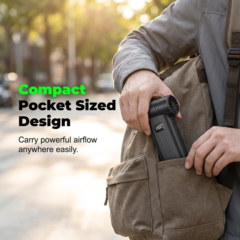 Pocket sized air duster carried in shoulder bag