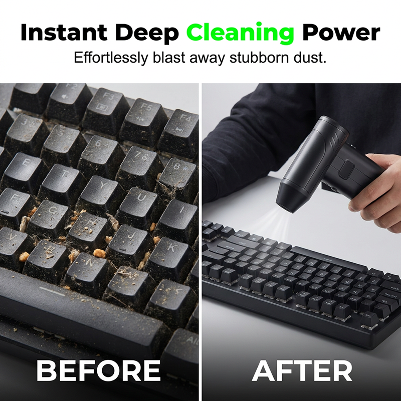 Before and after keyboard cleaning with high-speed air duster