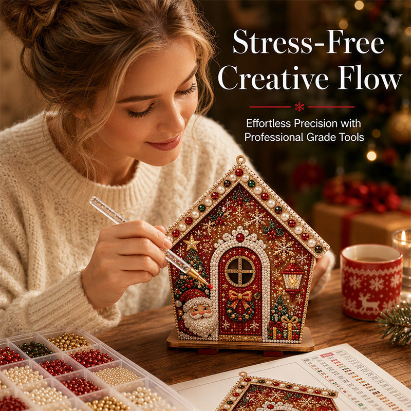 Woman decorating Santa pearl Christmas house using precision craft tool