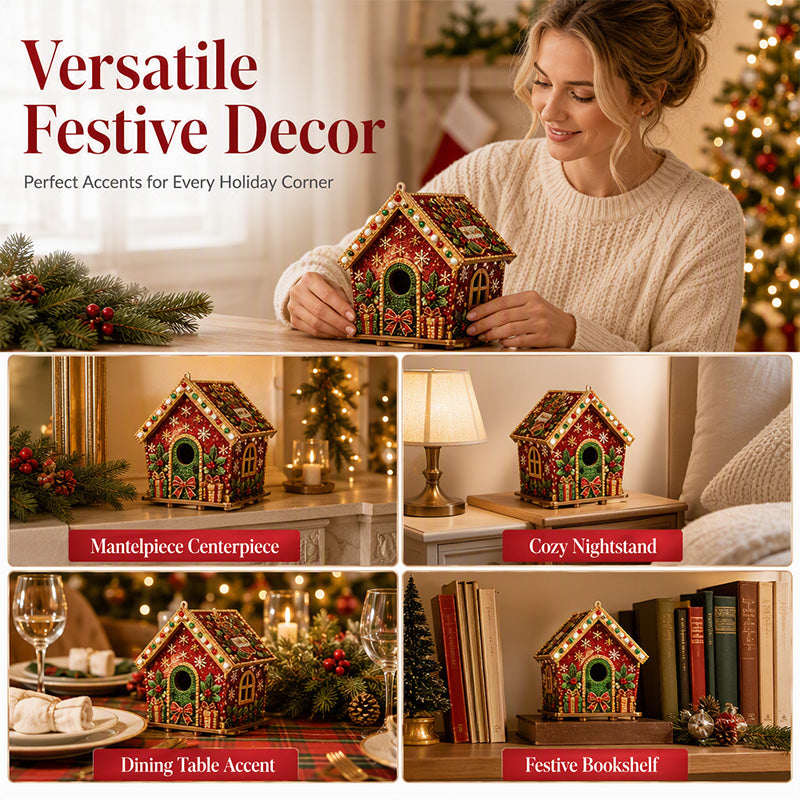 Finished pearl Christmas house displayed on mantel nightstand table and bookshelf