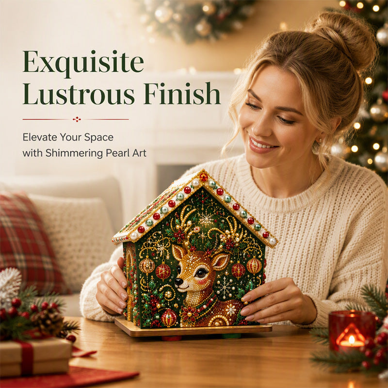 Finished reindeer pearl art Christmas house held as festive decor